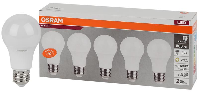 лампа светодиодная led value lvcla75 10sw/830 10вт грушевидная матовая e27 230в 2х5 ru (уп.5шт) osram 4058075577718 от BTSprom.by