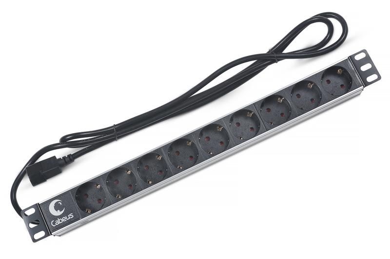 блок розеток 9-м pdu-9p-2iec 10а горизонт. евростандарт для 19дюйм шкафов без выкл. вилка iec 320 c14 шнур 2м алюм. cabeus 7287c от BTSprom.by