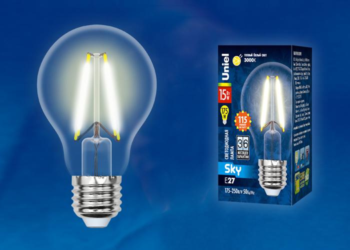 лампа светодиодная led-a60-15w/3000k/e27/cl pls02wh sky прозр. картон uniel ul-00005849 от BTSprom.by