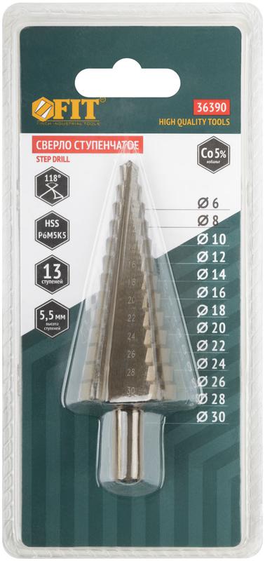  Сверло ступенчатое по металлу HSS Co5% (Р6М5К5) 13 ступеней 6-30мм FIT 36390 фото в каталоге от BTSprom.by