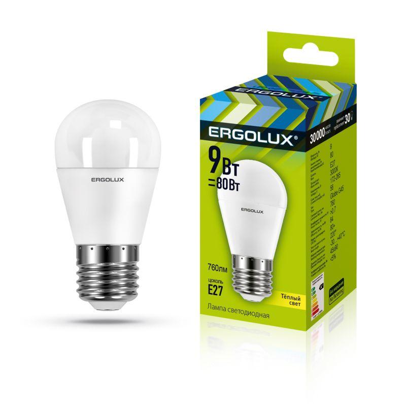 лампа светодиодная led-g45-9w-e27-3к шар 9вт e27 3000к 172-265в ergolux 13176 от BTSprom.by