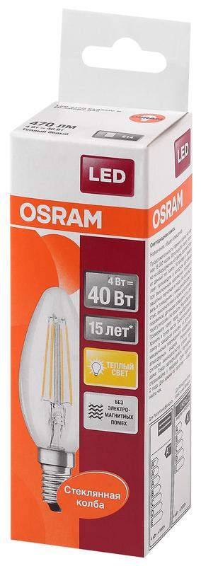 лампа светодиодная филаментная led star classic b 40 4w/827 4вт свеча 2700к тепл. бел. e14 470лм 220-240в прозр. стекло osram 4058075068353 от BTSprom.by