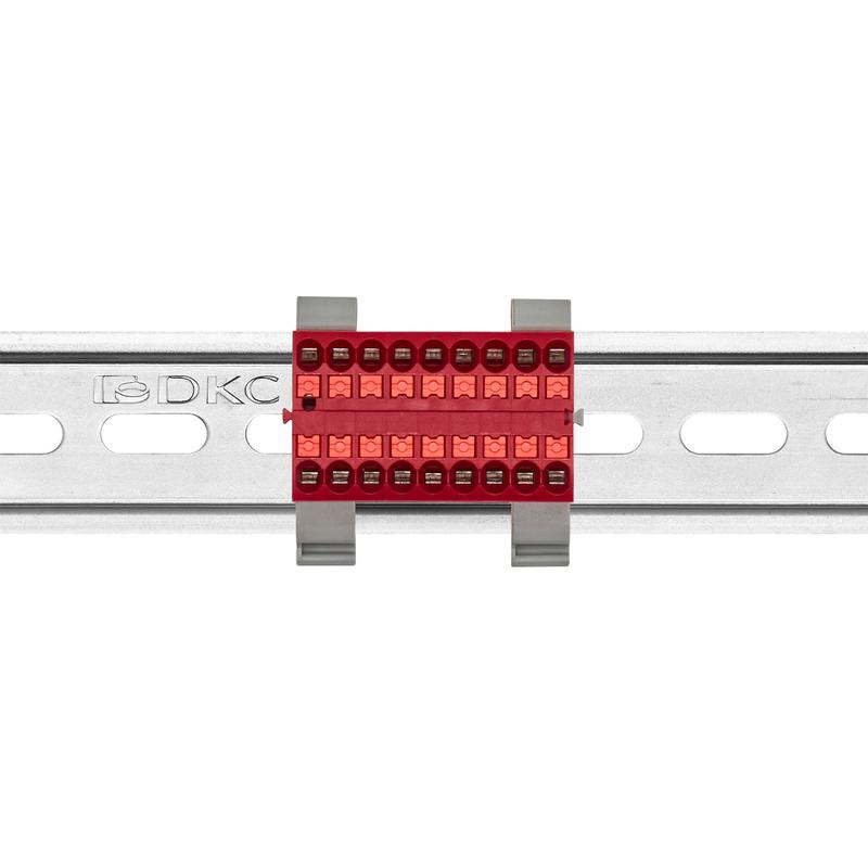  Блок распределительный с горизонт. адаптером на рейку шир. 35мм зажим push-in 18 точек подключения 2.5кв.мм красн. DKC DTP1-018-04SPUR-H фото в каталоге от BTSprom.by