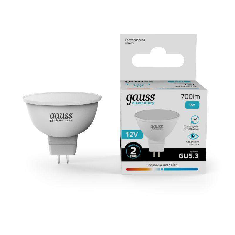 лампа светодиодная elementary 9вт mr16 софит 4100к нейтр. бел. gu5.3 700лм 12в gauss 11529 от BTSprom.by