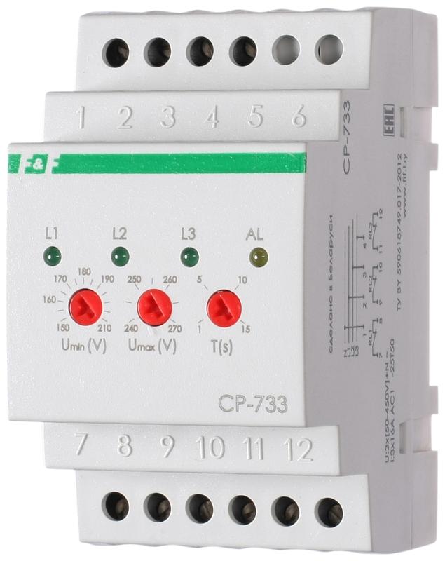 реле напряжения cp-733 (трехфазное; контроль нижнего (150-210в) и верхнего (240-270в) порога напряжения; отдельный контакт на каждую фазу; монтаж на din-рейке 35мм 3х400/230 n 3х8а 3х1z ip20) f&f ea04.009.006 от BTSprom.by