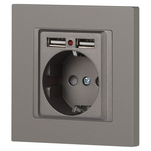  Розетка 1-м СП Accent 6-410-09 16А IP20 250В P+E Schuko + 2хUSB защ. шторки титан Intro Б0063711 фото в каталоге от BTSprom.by