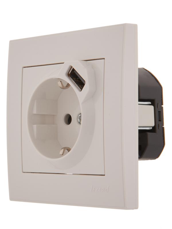  Розетка 1-м СП Rain 16А с заземл. + USB разъем бел. LEZARD 703-0202-181 фото в каталоге от BTSprom.by