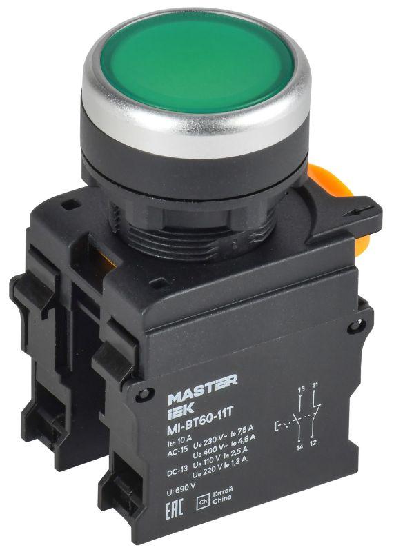 кнопка d22мм 1но+1нз master с фиксацией зел. iek mi-bt60-11t-3-21-k06 от BTSprom.by
