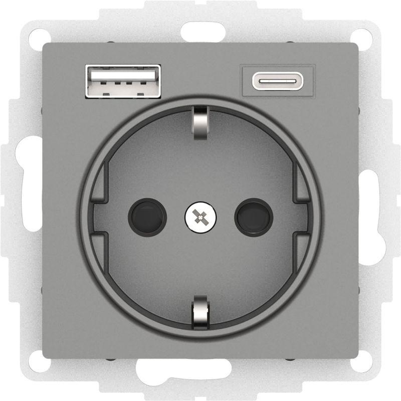 розетка 1-м сп atlasdesign 16а ip20 с 2-мя заряд. устройствами usb тип a+c механизм сталь se atn000932 от BTSprom.by