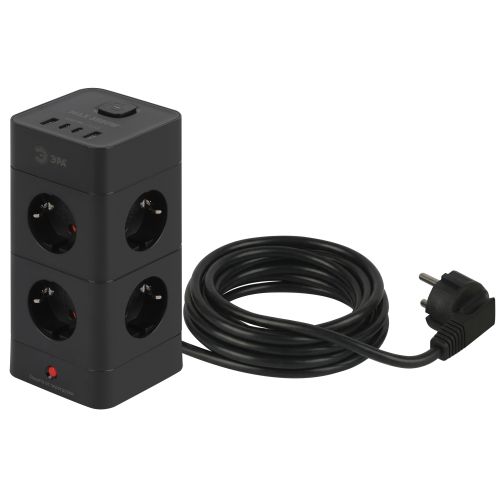 фильтр сетевой башня 8х1.5 с заземл. с выкл. twr-8es-1.5m-4usb-b 8 розеток+4xusba+c16а черн. эра б0069072 от BTSprom.by