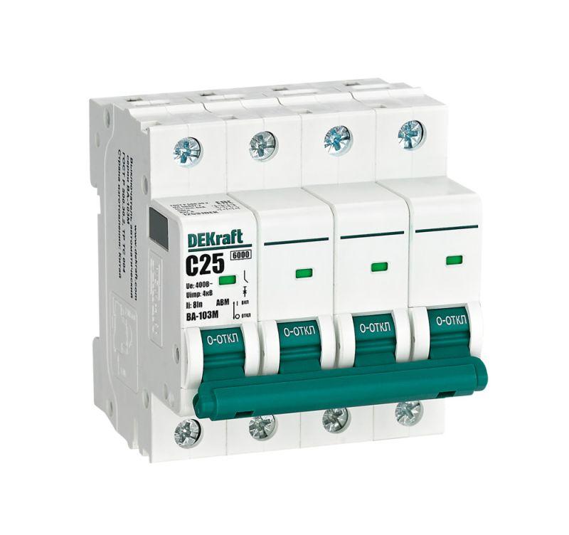 выключатель автоматический модульный 4п c 25а 6ка ва-103m без теплозащиты dekraft 12531dek от BTSprom.by