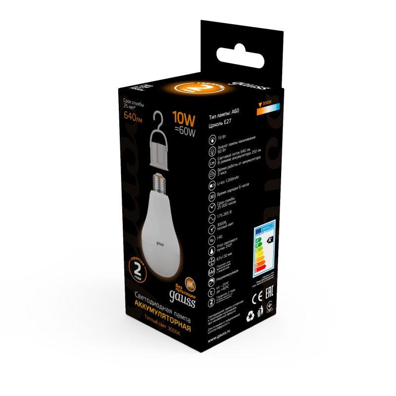 Лампа светодиодная Black 10Вт A60 грушевидная 3000К тепл. бел. E27 640лм аккум. Li-Ion GAUSS 102402100 фото в каталоге от BTSprom.by