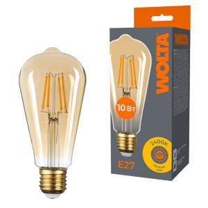 лампа светодиодная filament "лампа эдисона" st64 10вт золотая 2400к e27 800лм wolta wf-st64-10w2.4ke27 от BTSprom.by