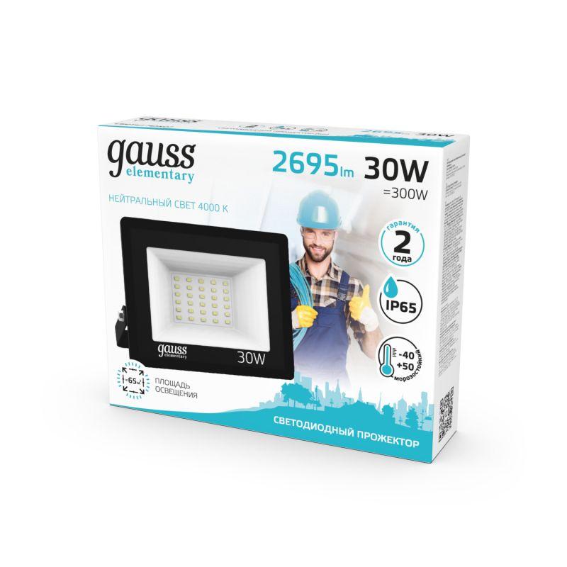  Прожектор светодиодный Elementary 30Вт 4000К IP65 2695лм 200-240В ДО черн. GAUSS 613100230 фото в каталоге от BTSprom.by