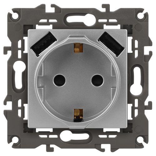 розетка 16а 250в 2p+e с 2хusb 5в-3а защ. шторки elegance алюм. 14-4109-03 эра б0047869 от BTSprom.by