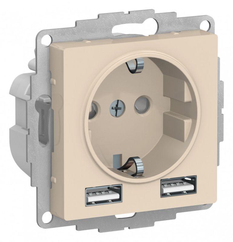 розетка 1-м сп atlasdesign 16а ip20 с 2-мя заряд. устройствами usb тип a+a 5в/2.4а 2х5в/1.2а механизм беж. se atn000230 от BTSprom.by