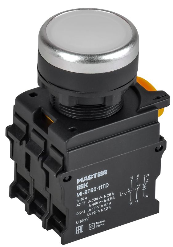 кнопка d22мм 1но+1нз master с подсветкой и фиксацией бел. iek mi-bt60-11td-3-11-k01 от BTSprom.by