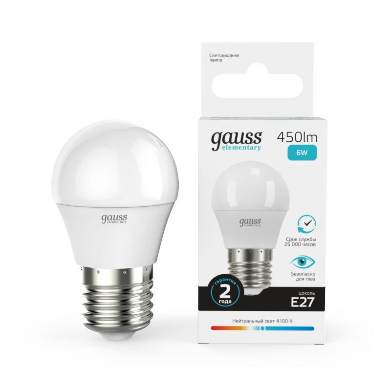 лампа светодиодная elementary 6вт p45 шар 4100к нейтр. бел. e27 450лм gauss 53226 от BTSprom.by