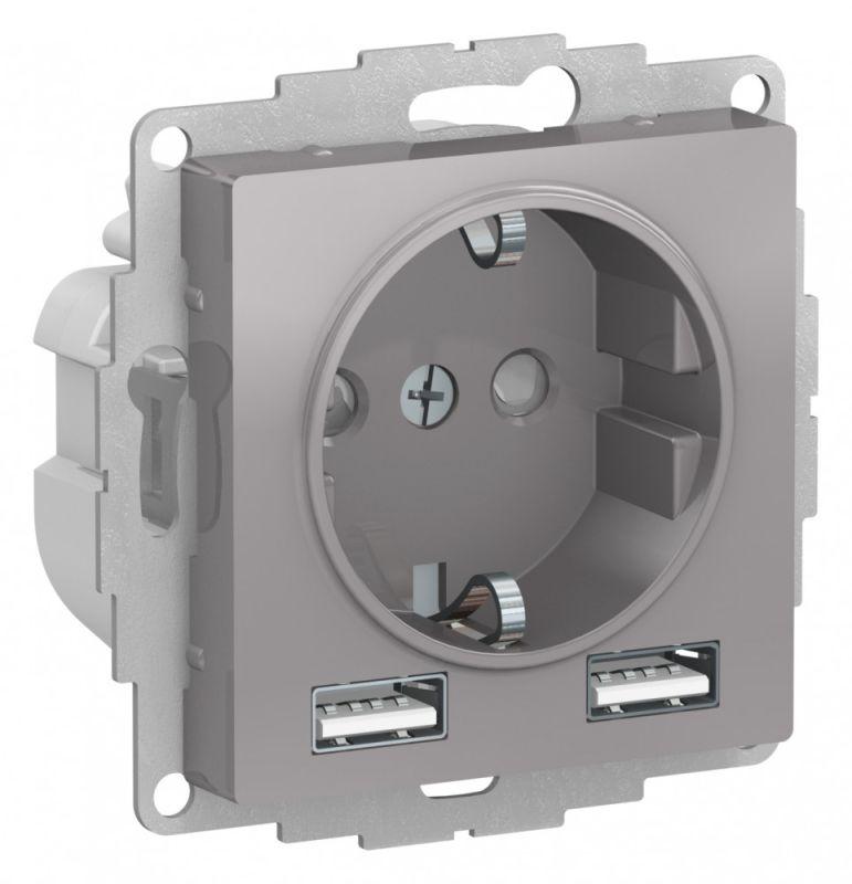 розетка 1-м сп atlasdesign 16а ip20 с 2-мя заряд. устройствами usb тип a+a 5в/2.4а 2х5в/1.2а механизм алюм. se atn000330 от BTSprom.by