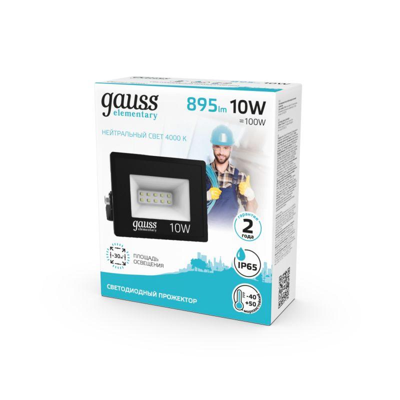  Прожектор светодиодный Elementary 10Вт 4000К IP65 895лм 200-240В ДО черн. GAUSS 613100210 фото в каталоге от BTSprom.by