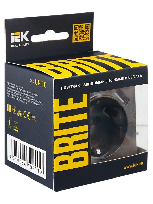  Розетка BRITE РЮш10-1-БрТБ 16А с USB A+A 2.1А с заземл. защ. шторки темн. механизм бронза IEK BR-R14-16-U21-D21-K45 фото в каталоге от BTSprom.by