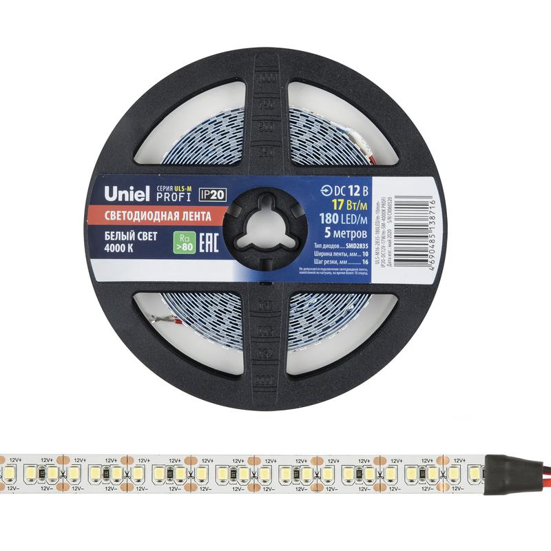 лента светодиодная uls-m16-2835-180led/m-10mm-ip20-dc12v-17w/m-5m-4000k profi 17вт/м 180led/м 4000к нейтр. бел. ip20 12в dc 10мм гибкая на самоклеящейся основе герметичн. упак. (уп.5м) uniel ul-00007640 от BTSprom.by