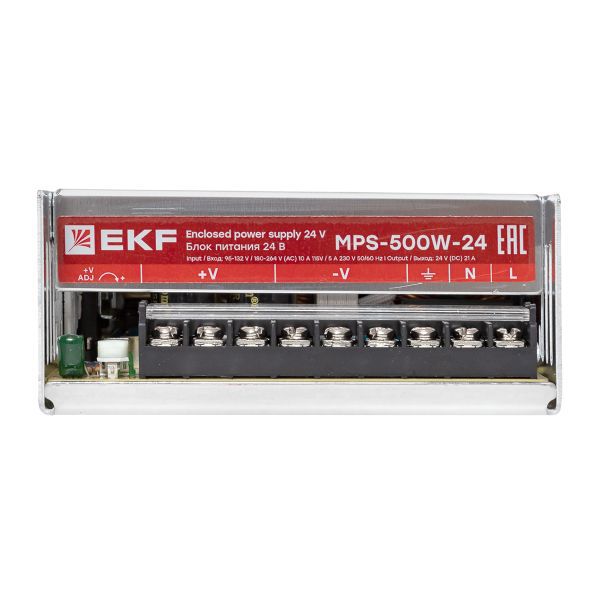  Блок питания на монтажную панель 500Вт Uвх 220В AC m Uвых 24В DC постоянного тока EKF MPS-500W-24 фото в каталоге от BTSprom.by