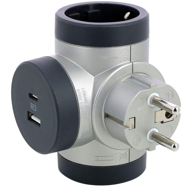 разветвитель 3-м 16а ip20 комфорт 2х2p+e 2хusb a+c (3а) с поворотным основанием алюм./черн. leg 694524 от BTSprom.by