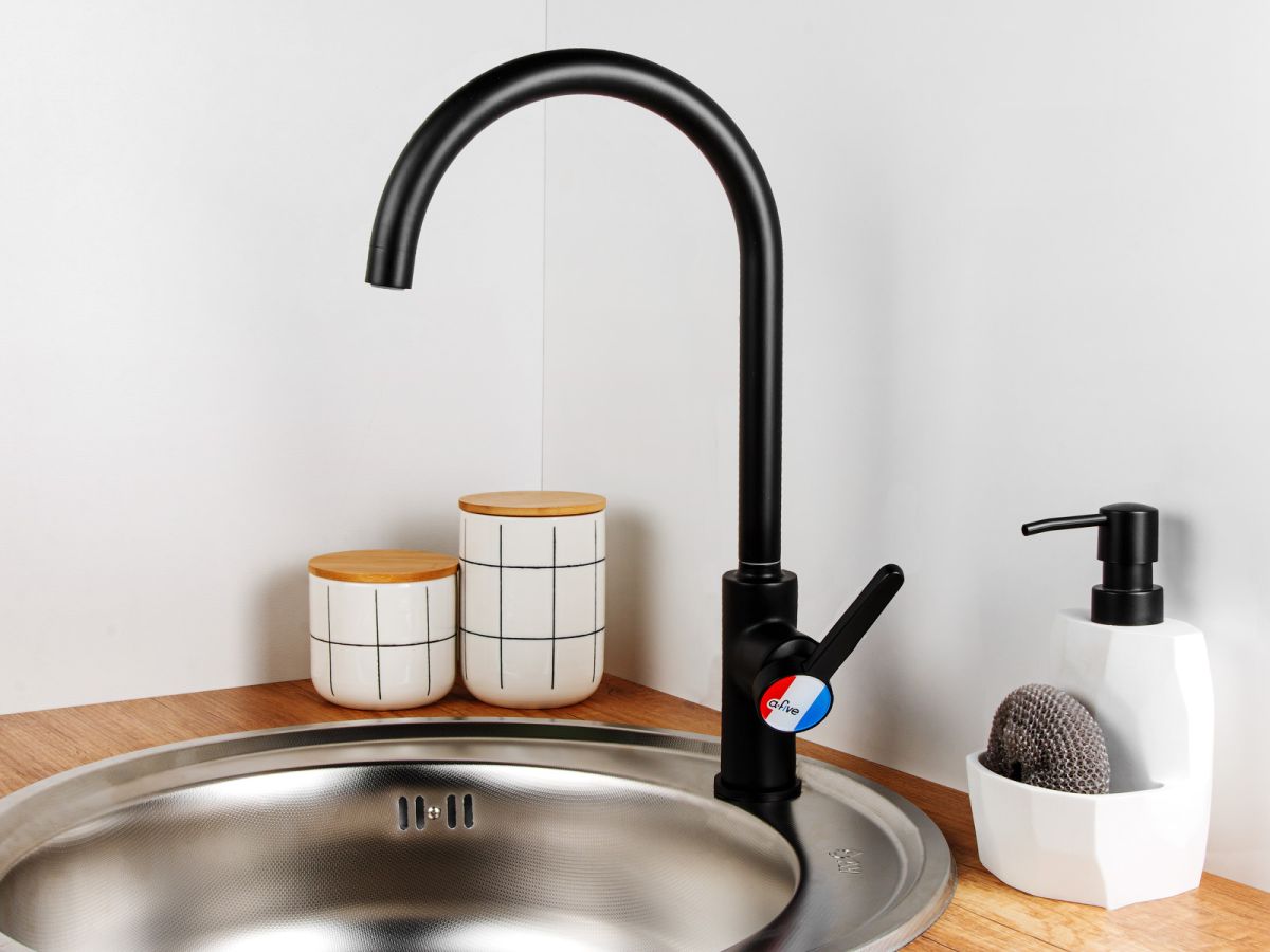  Смеситель для кухни (Lt) D35, серия Lotus черный, a-five (J-излив: длина 208 мм, высота 285 мм, поворотный) A5-0624 фото в каталоге от BTSprom.by