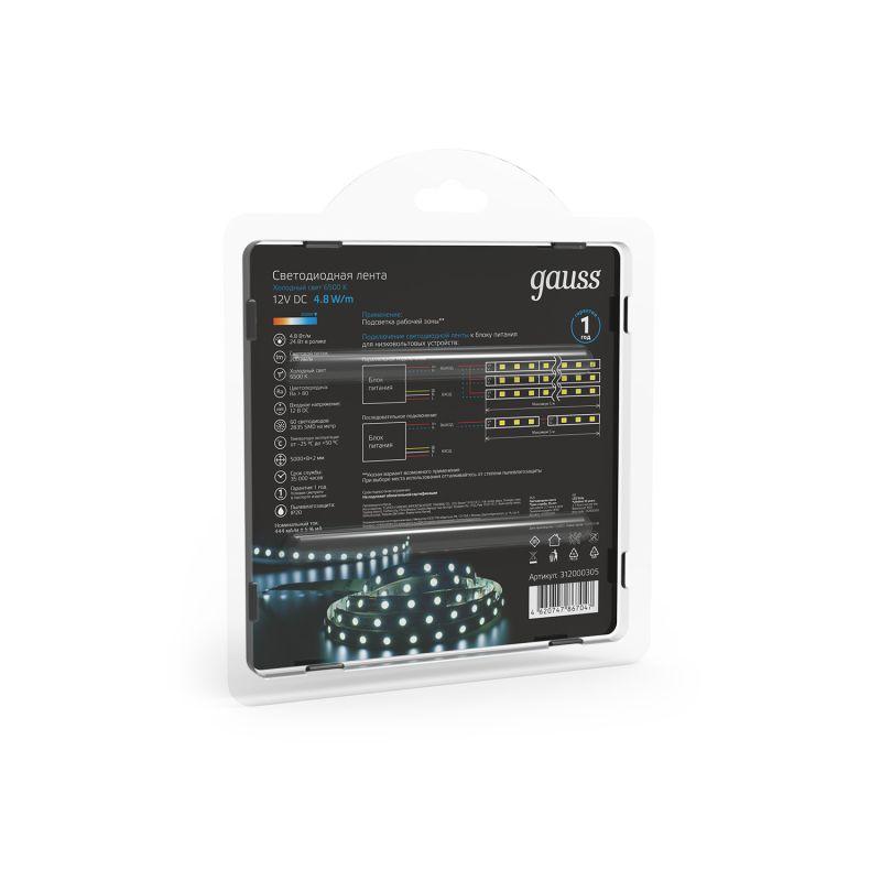  Лента светодиодная Black 2835/60-SMD 4.8Вт/м 6500К холод. бел. IP20 210лм/м 12В (блист.5м) GAUSS 312000305 фото в каталоге от BTSprom.by