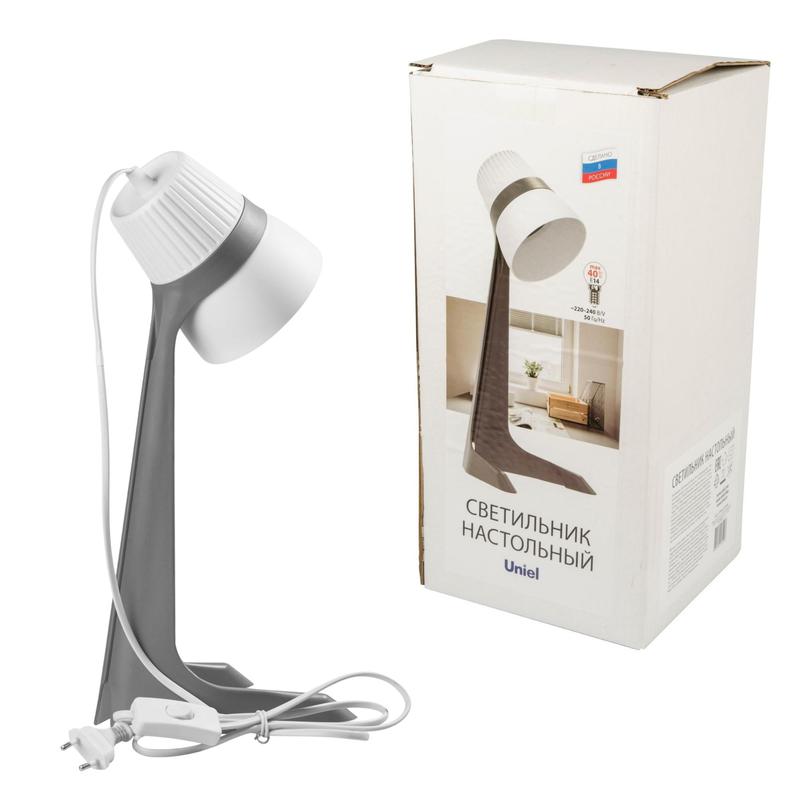 светильник ulo-k22 d/e14/a grey/white настольный 40вт e14 механич. выкл. сер. с бел. uniel ul-00009542 от BTSprom.by