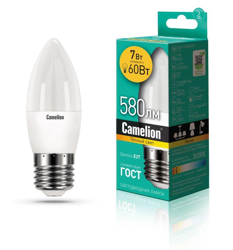 лампа светодиодная led7-c35/830/e27 7вт свеча 3000к тепл. бел. e27 530лм 220в camelion 12077 от BTSprom.by