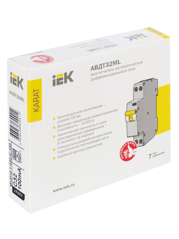 Выключатель автоматический дифференциального тока C 32А 100мА АВДТ32МL KARAT IEK MVD12-1-032-C-100 фото в каталоге от BTSprom.by