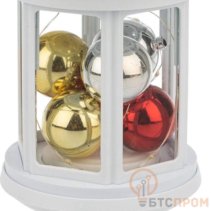  Декоративный фонарь с шариками, белый корпус, размер 12х12х20,6 см, цвет теплый белый фото в каталоге от BTSprom.by