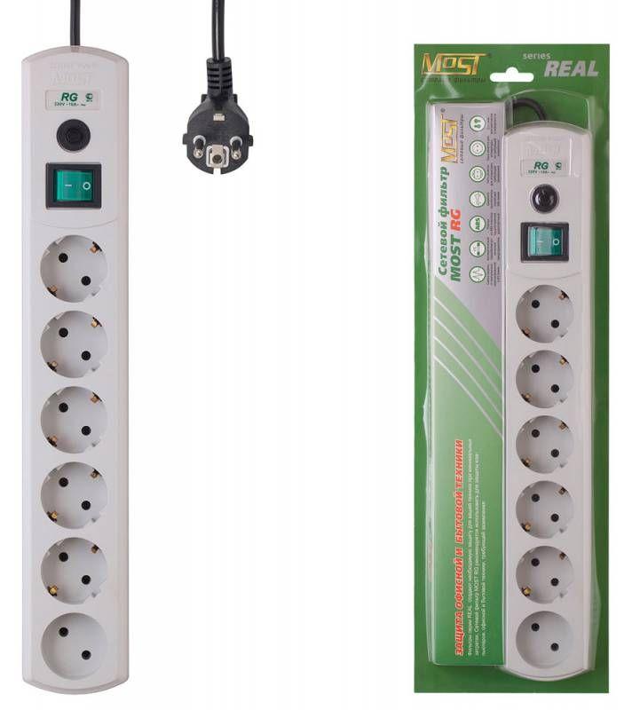 удлинитель с сетевым фильтром 6х5м 1-м - без заземл. + 5-м - с заземл. 10а пвс 3х0.75 бел. most rg 587278 от BTSprom.by