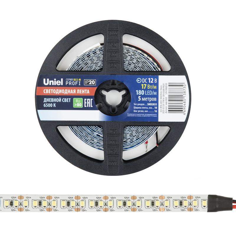 лента светодиодная uls-m16-2835-180led/m-10mm-ip20-dc12v-17w/m-5m-6500k profi 17вт/м 180led/м 6500к холод. бел. ip20 12в dc 10мм гибкая на самоклеящейся основе герметичн. упак. (уп.5м) uniel ul-00007641 от BTSprom.by