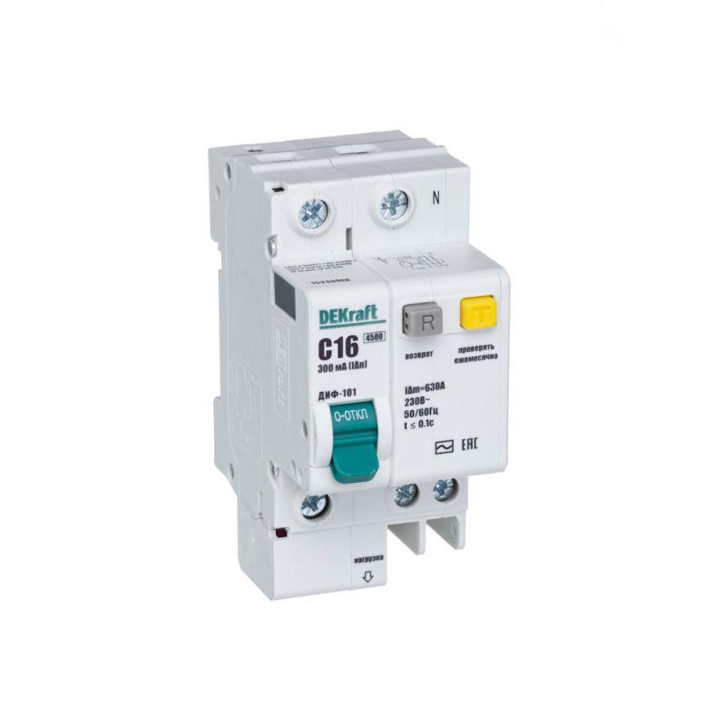 выключатель автоматический дифференциального тока 2п (1p+n) c 16а 300ма тип ac диф-101 со встроен. защит. от сверхтоков dekraft 15238dek от BTSprom.by