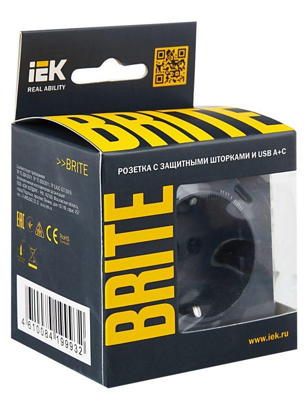  Розетка BRITE РЮш11-1-БрМ 16А с USB A+C 18Вт с заземл. защ. шторки механизм маренго IEK BR-R14-16-U22-018-K35 фото в каталоге от BTSprom.by
