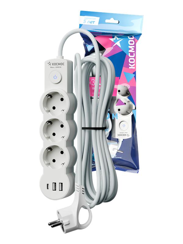 удлинитель 3х1.5м с заземл. 10а ip20 usb 2800вт 220в пвс 3х1 с выкл. бел. космос yksm1.5m3g-z-vu10а-w от BTSprom.by