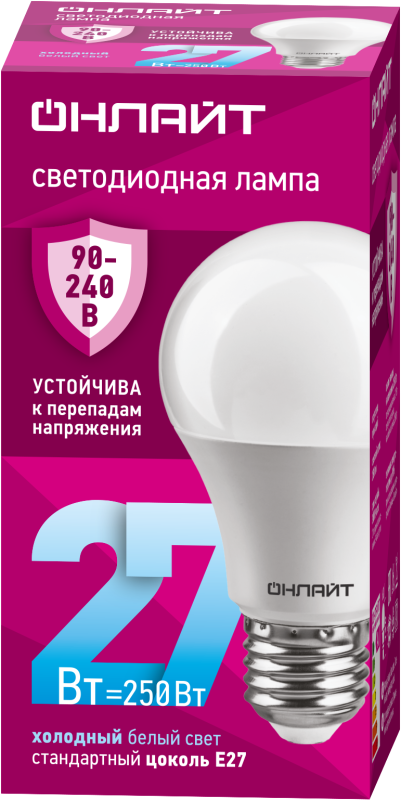 лампа светодиодная 90 408 oll-a60-27-230-6.5k-e27 (pro 90-240в) онлайт 90408 от BTSprom.by