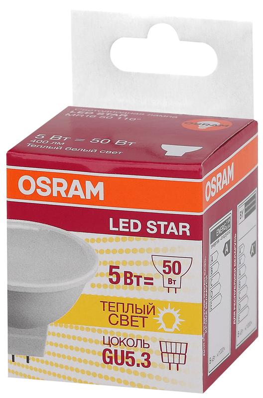 лампа светодиодная led star mr16 50110 5w/830 230v gu5.3 5вт матовая 3000к тепл. бел. gu5.3 mr16 400лм 220-240в пластик. (замена 50вт) osram 4058075480469 от BTSprom.by