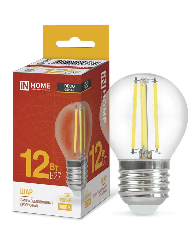 лампа светодиодная led-шар-deco 12вт 230в e27 3000к 1350лм прозрачная in home 4690612053684 от BTSprom.by