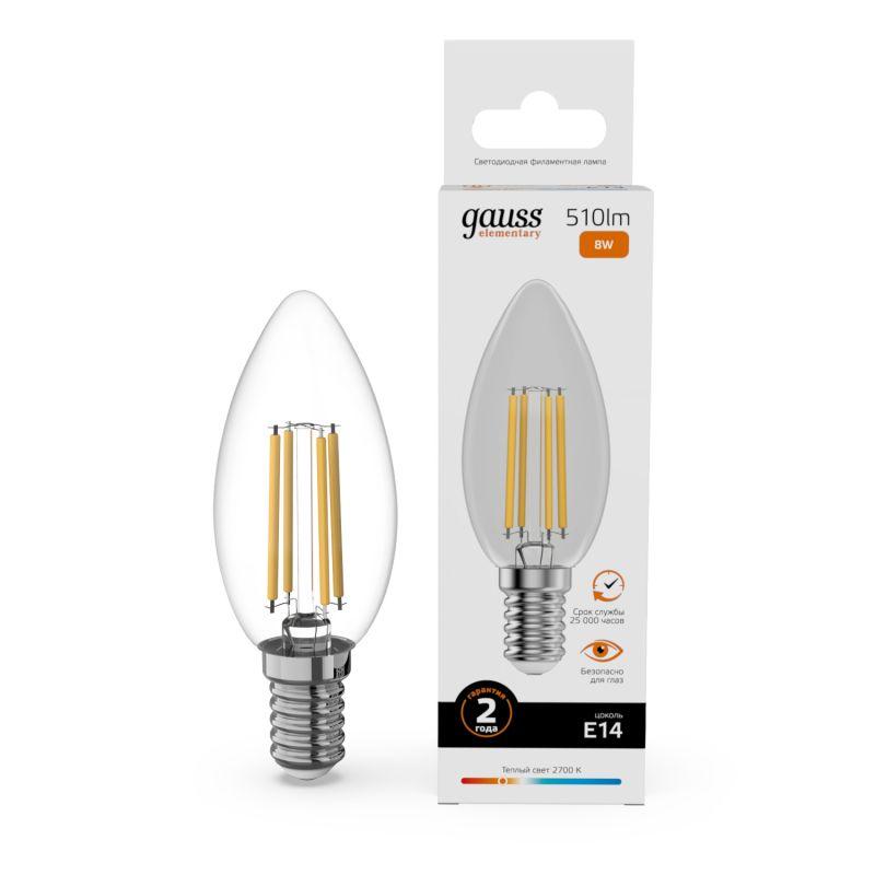 лампа светодиодная филаментная filament elementary 8вт свеча 2700к е14 510лм gauss 32118 от BTSprom.by