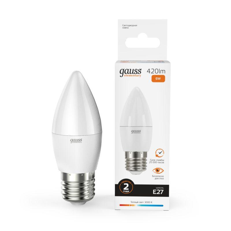 лампа светодиодная elementary 6вт свеча 3000к тепл. бел. e27 420лм gauss 33216 от BTSprom.by
