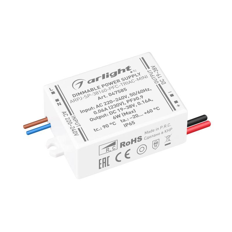 блок питания arpj-sp-38160-pfc-triac-mini (6вт 19-38в 160ма) ip65 пластик arlight 047585 от BTSprom.by
