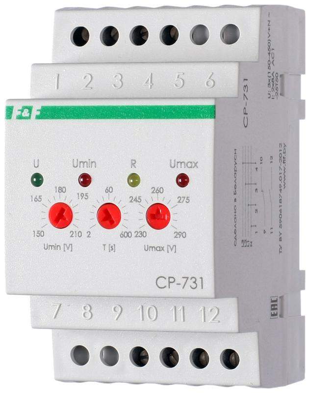 реле напряжения cp-731 (трехфазный; микропроцессорный; контроль верхнего и нижнего значений напряжения; контроль асимметрии; чередования фаз; монтаж на din-рейке 35мм 3х400/230+n 2х8а 1z 1r ip20) f&f ea04.009.005 от BTSprom.by