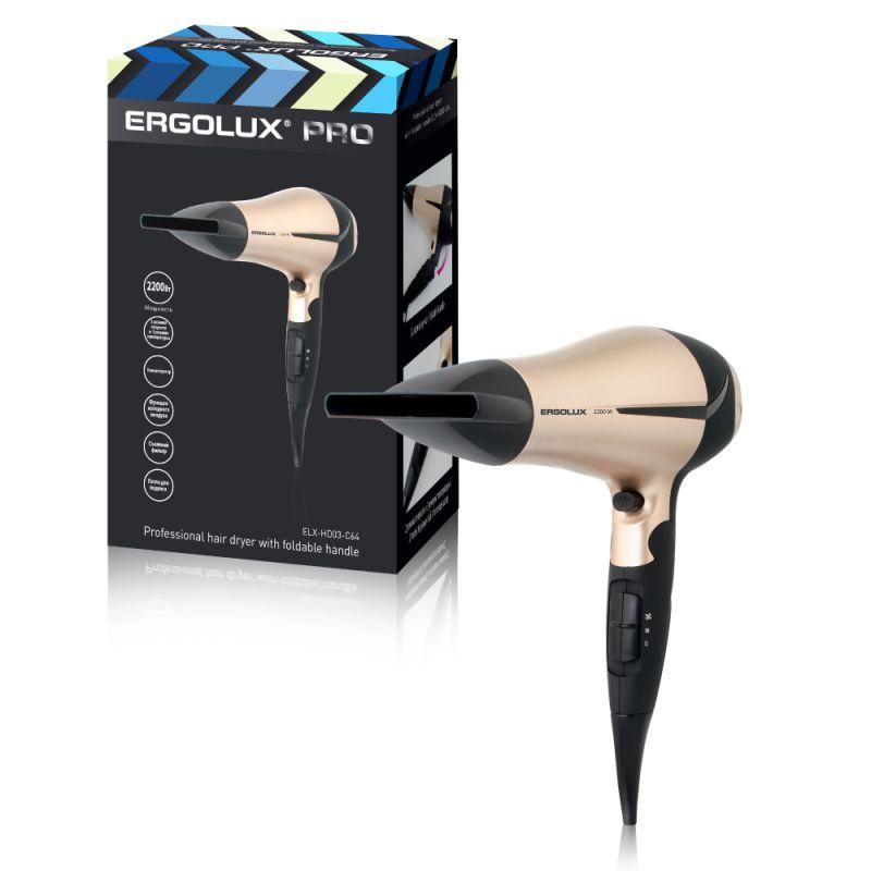 фен elx-hd03-c64 со складной ручкой 2200вт 220-240в черн./зол. ergolux 13131 от BTSprom.by