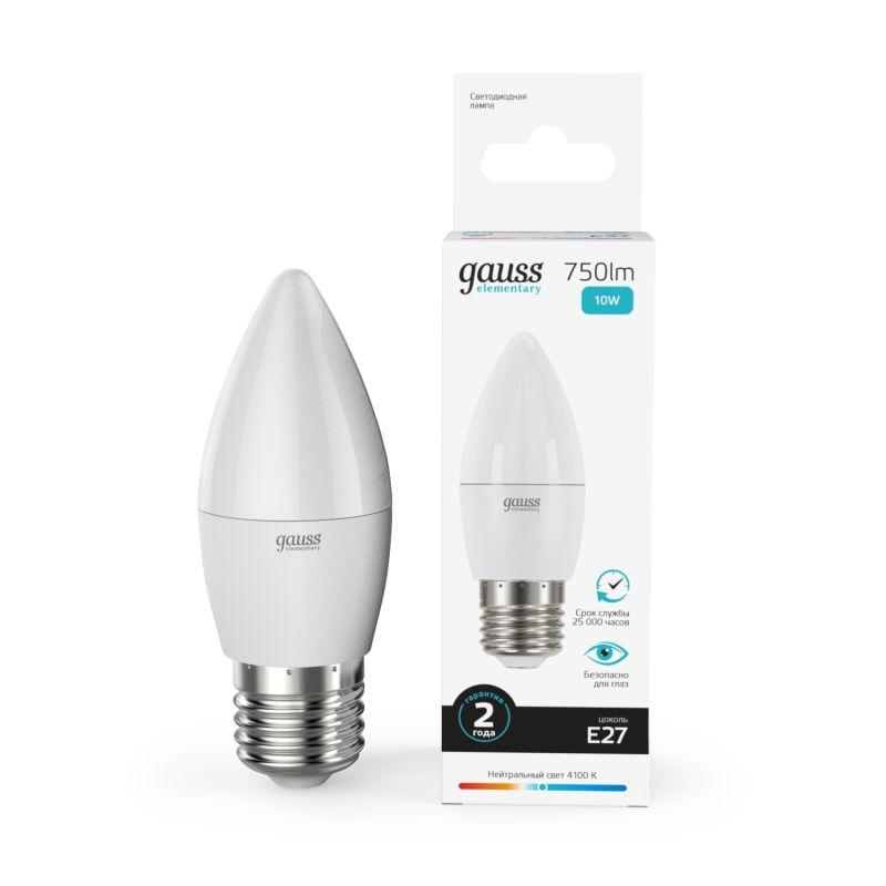 лампа светодиодная elementary 10вт свеча 4100к нейтр. бел. e27 750лм gauss 30220 от BTSprom.by