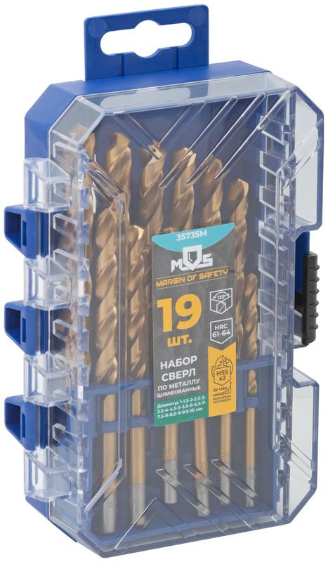  Набор сверл по металлу HSS шлифованные титановое покрытие угол заточки 135град. пласт. кейс 19шт (1-10мм через 0.5мм) MOS 35735М фото в каталоге от BTSprom.by