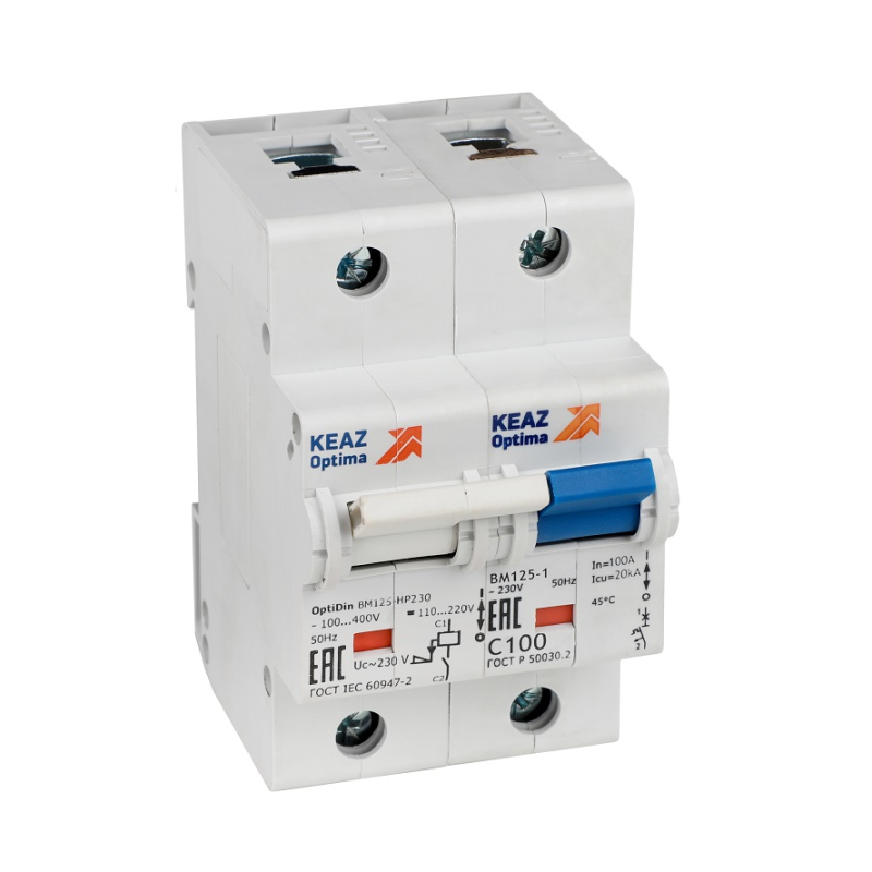 выключатель автоматический модульный 1п c 125а 10ка optidin bm125-1c125-нр-8ln-ухл3 с независимым расцепителем кэаз 336364 от BTSprom.by